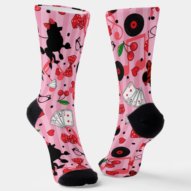 Chaussette Rokabilly Girly Style Poodle Motif rose (Angulaire)