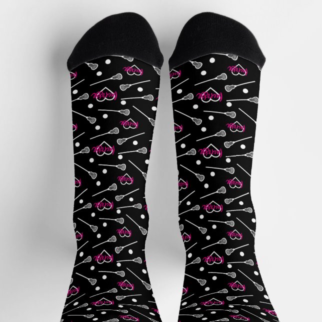 Chaussette Rose chaud sur Sticks de crosse noir & Motif de co (Haut)