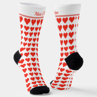 Chaussette Rouge Blanc Petits Cœurs Nom Personnalisé Script C