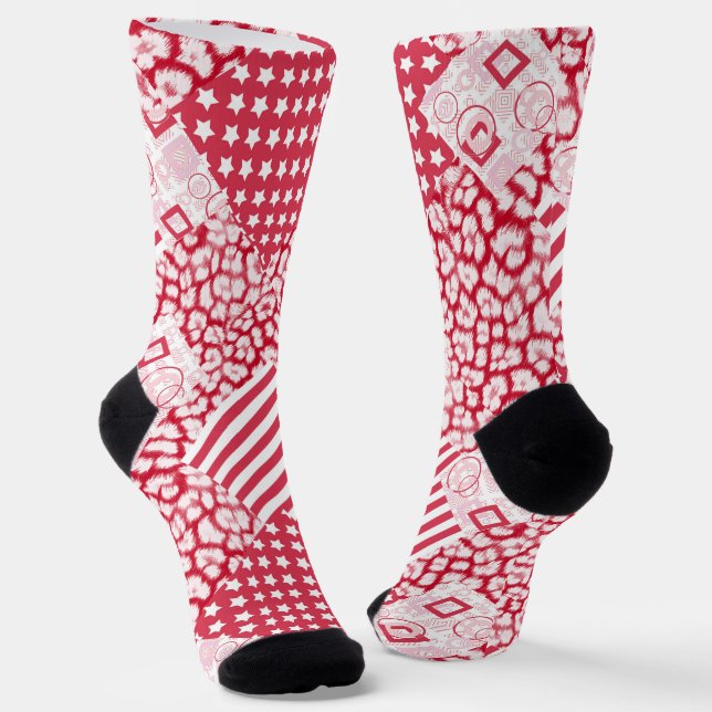 Chaussette Rouge et blanc patchwork rustique (Angulaire)