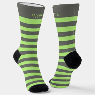 Chaussette Sage Vert clair gris rayé Nom personnalisé