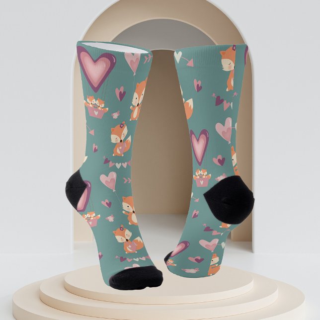 Chaussette Saint-Valentin Coeurs verts pourpres Fox Love (Créateur téléchargé)