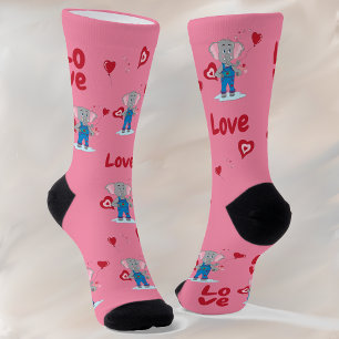 Chaussette Saint Valentin Cute Elephant Rose Red Crew Chausse