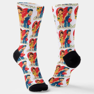 Chaussette Saint-Valentin Rétro, Cœurs de Fille et de Garçon 