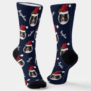 Chaussette Santa Hat Avec Photo Personnalisée Et Nom En Bleu