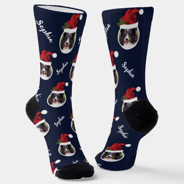 Chaussette Santa Hat Avec Photo Personnalisée Et Nom En Bleu (Angulaire)
