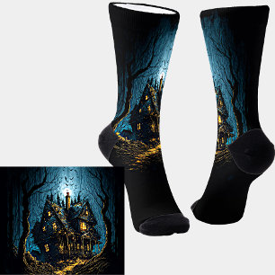 Chaussette Scary Haunted House à la nuit sur Noir