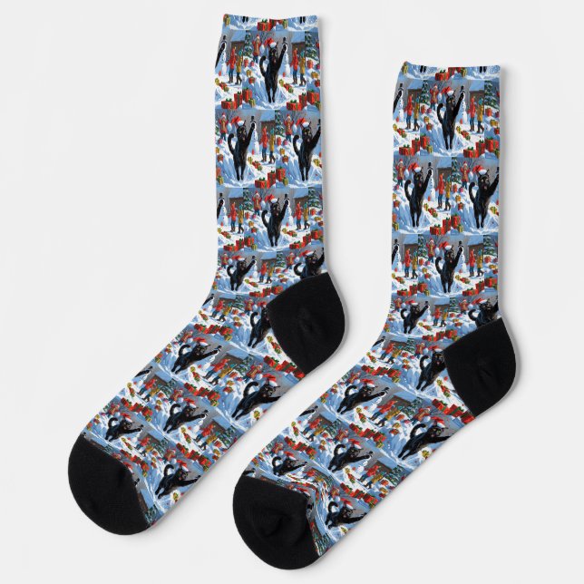 Chaussette Scène de fête de Noël de chat noir (Gauche)