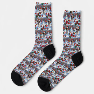 Chaussette Scène de neige festive de Noël avec un épagneul br