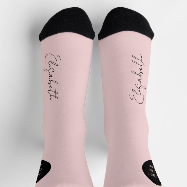 Chaussette Script de nom personnalisé mariage noir rose (Haut)