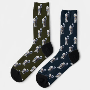 Chaussette Sheepadoodle avec écharpe bleue à carreaux