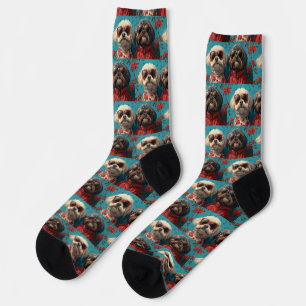 Chaussette Shih Tzu avec des roses du cœur pour la Saint-Vale