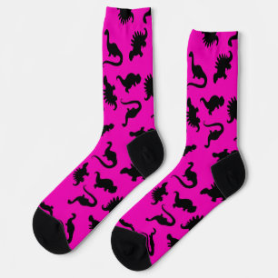 Chaussette Silhouette de dinosaure rose chaud et noir