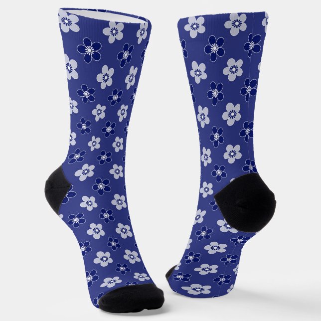Chaussette simple floral solide bleu motif rétro petit flowe (Angulaire)