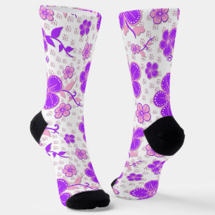 Chaussette Simple Impression Florale Aquarelle Violet et Rose