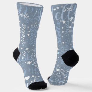 Chaussette Son nom, Splashed Coeurs mignons et étoiles Bleu
