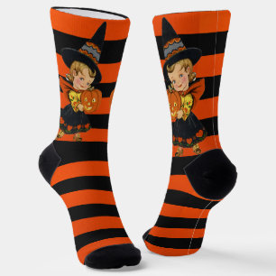 Chaussette Sorcière vintage Orange & Noir Mignonne Halloween