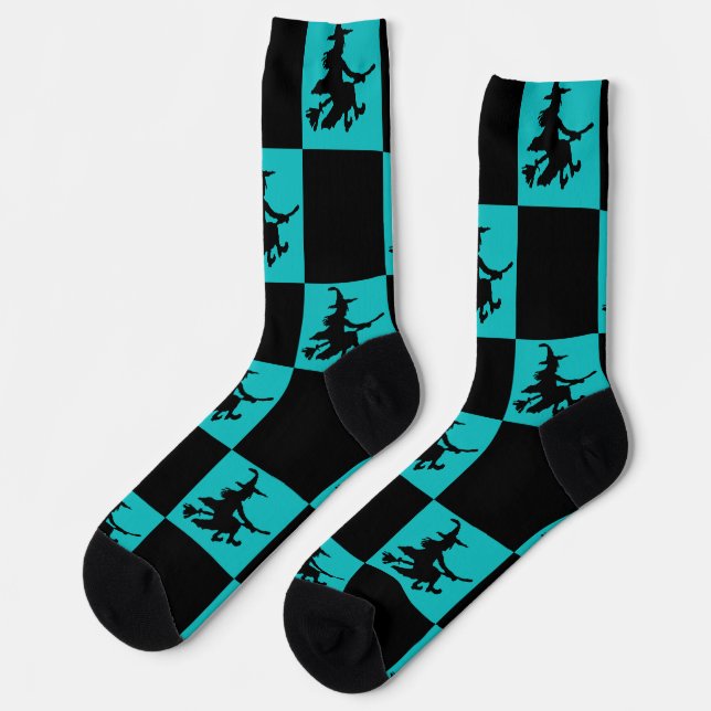 Chaussette Sorcières noires et À damiers Turquoises (Gauche)