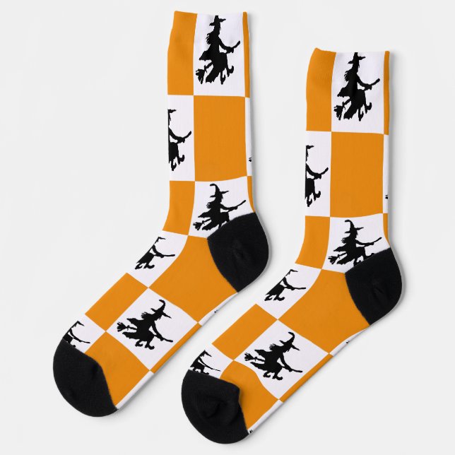 Chaussette Sorcières noires Orange et À damiers blanc (Gauche)