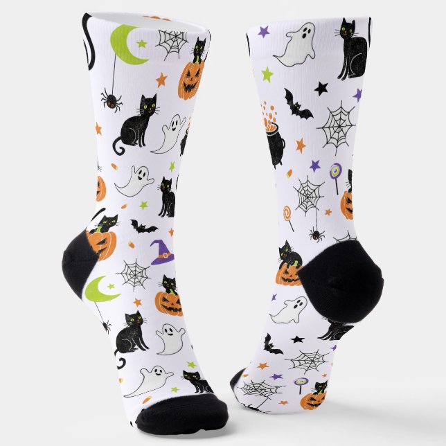 Chaussette Spooky Black Cat & Ghost Halloween Pattern Socks (Angulaire)