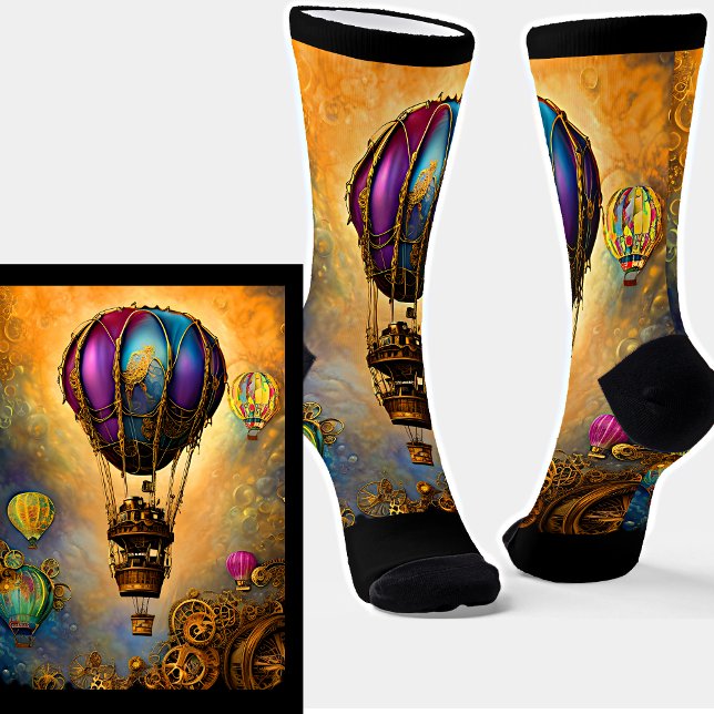 Chaussette Steampunk Mauve & Blue Hot Air Balloon Orange Sky (Créateur téléchargé)