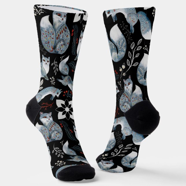 Chaussette  Stylized blue foxes with intricate floral designs (Angulaire)
