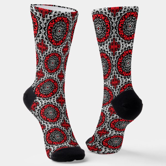 Chaussette Sud-Ouest Sun Mandala Batik, Rouge, Noir et Blanc (Angulaire)