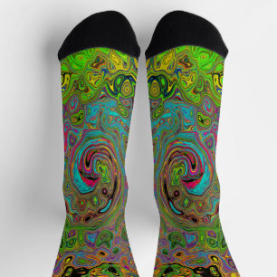 Chaussette Super Abstrait Retro Lime Green et Blue Swirl