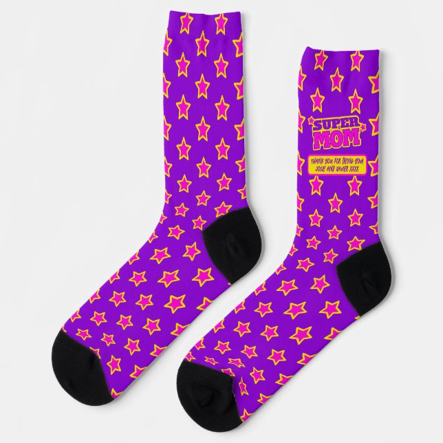 Chaussette Super Maman message personnalisé violet rose jaune (Gauche)