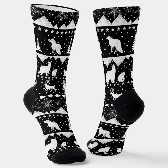 Chaussette Sweater Nordique Animaux D'Hiver Noir Et Blanc (Angulaire)