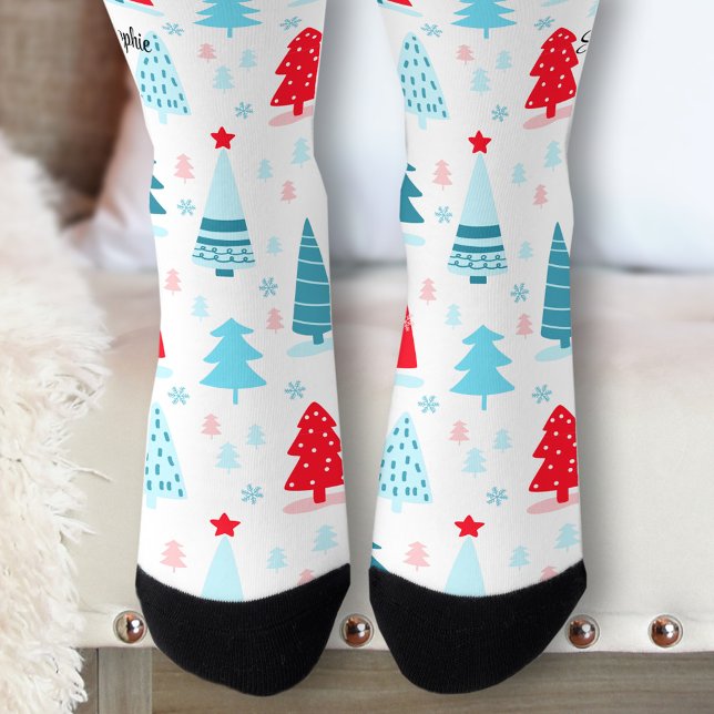 Chaussette Sympa Arbres de Noël Chaussettes de nom personnali (Cute Christmas trees Personalized Socks)