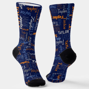 Chaussette Taylor nom personnalisé orange bleu gris