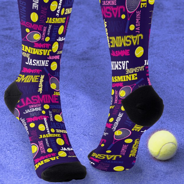 Chaussette Tennis rose violet blanc jaune nom motif (Créateur téléchargé)