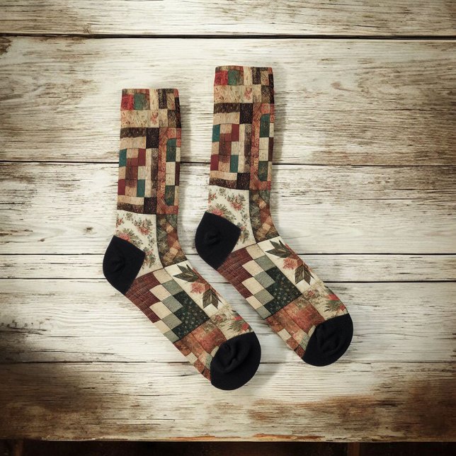 Chaussette Terre cuite Patchwork Quilt Motif Retro Floral (Créateur téléchargé)