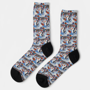 Chaussette Térrier de Boston Scène de neige festive de Noël