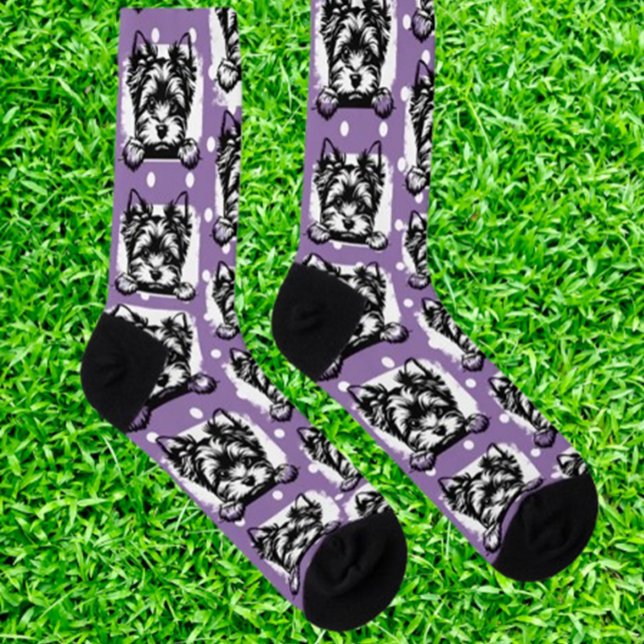Chaussette Thème des points violets de chiot gallois Terrier (Show your love for Welsh Terriers with these adorable purple dots theme socks.  )