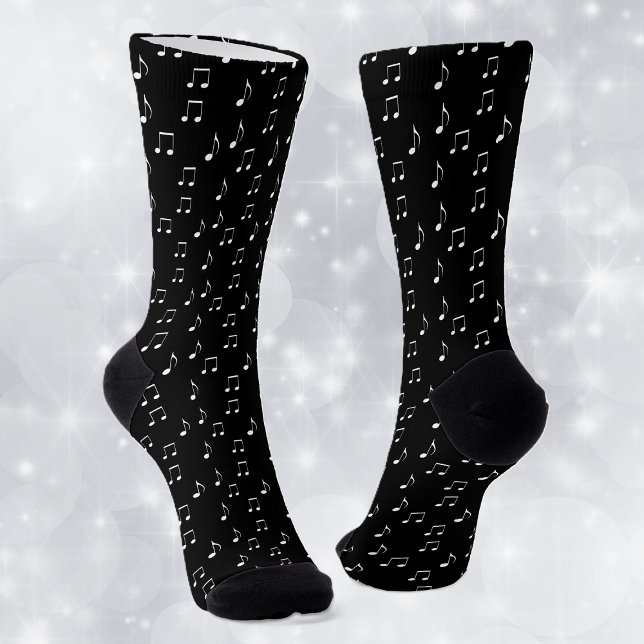 Chaussette Thème musical White Music Notes sur le noir (Musical themed crew socks with various white music notes on black socks.)