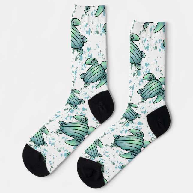 Chaussette tortue de mer aquarelle verte motif bleu animal (Gauche)