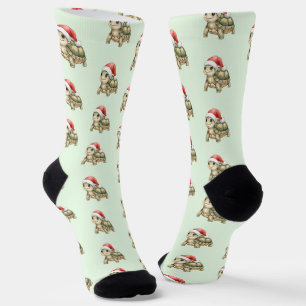 Chaussette Tortue de Noël à chapeau de Père Noël aquarelle fe