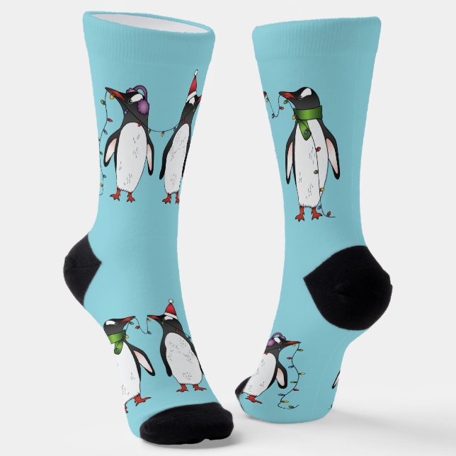 Chaussette Trois Pingouins De Noël Festifs Sur Bleu Clair (Angulaire)
