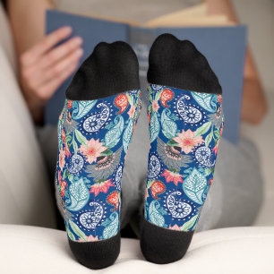 Chaussette Turquoise Bleu Royal Orange Floral Paisley Vintage