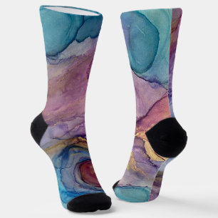 Chaussette Turquoise, rose, violet et or Art de l'encre Abstr