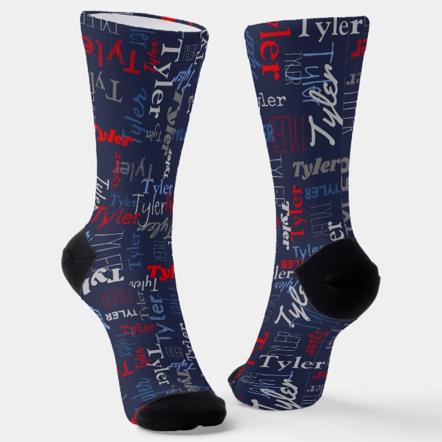 Chaussette Tyler nom personnalisé rouge bleu gris (Angulaire)
