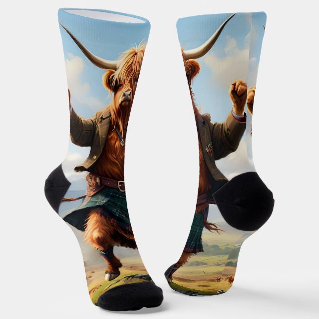 Chaussette Vache des Highlands dansant le Highland Fling, (Angulaire)