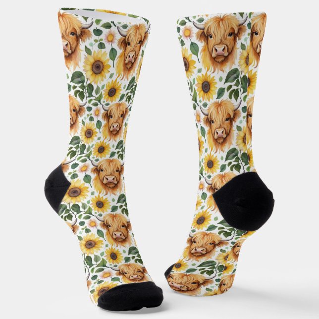 Chaussette Vaches Highland et fleurs de tournesol jaune (Angulaire)