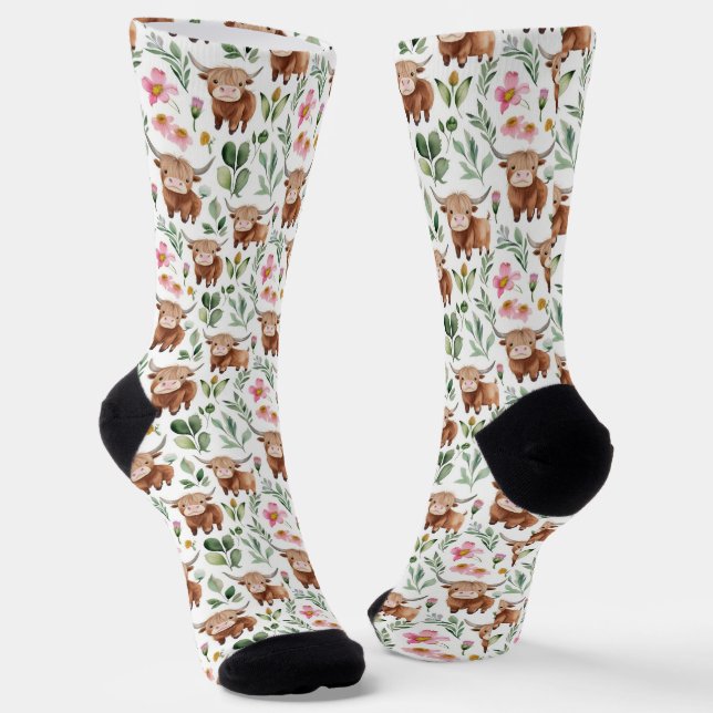 Chaussette Vaches Highland et fleurs roses Motif Floral (Angulaire)