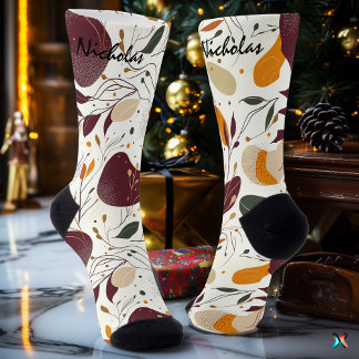 Chaussette Verger d'automne en Crème, Bourgogne et moutarde