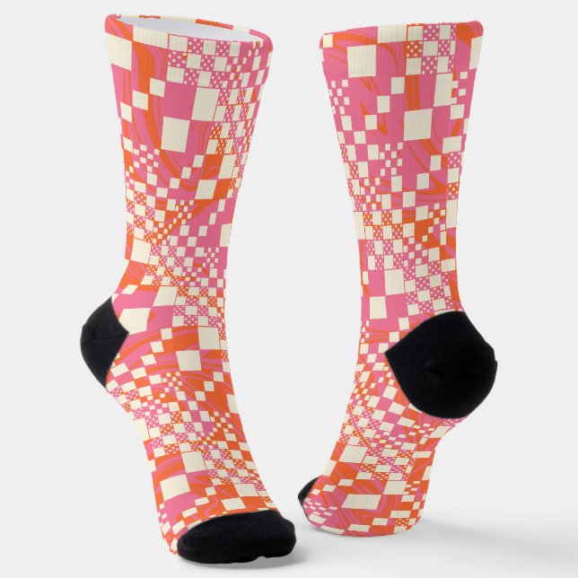 Chaussette Vérifié, Chèques - rose, orange et crème (Angulaire)