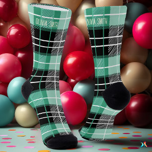 Chaussette Vert menthe personnalisé et tartan à carreaux noir