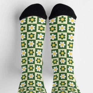 Chaussette Vert sauge rétro et damier de marguerites crème